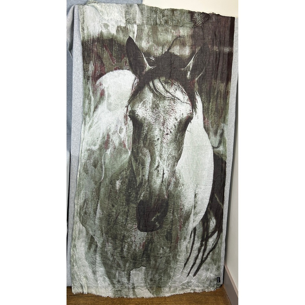 Blue Pacific Wild Horse Portrait Scarf Green Brown Micromodal Italian Drape Wrap